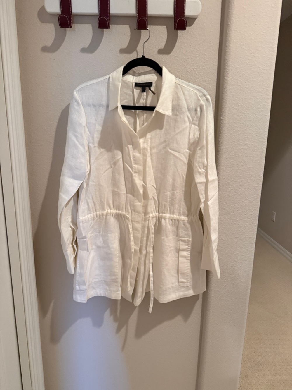 Donna Karen Lightweight White 100% Linen Drawstring Waist Shirt Jacket